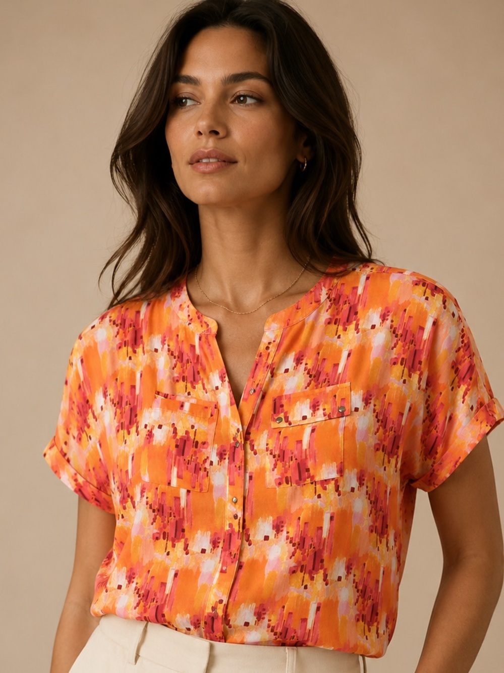 Cato Woman Abstract Print Blouse Size 18/20W Women's Orange Button Front Top